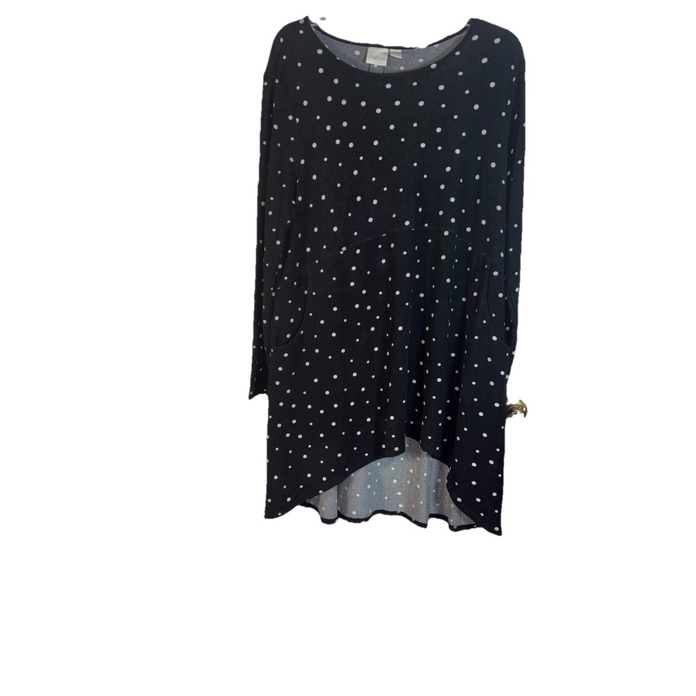 Chicos Size 2 Tunic Tops Large Black White Polka Dot 3/4 Sleeve Blouse Womens - Picture 4 of 8